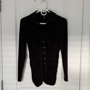 White House Black Market XS Black Ruched Snap-Front Shirt. Stretchy. Mid weight
